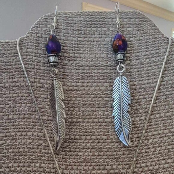 Feather Silver Pewter Pendant Stainless Steel Chain Necklace 20" Feathers Set - Picture 3 of 6